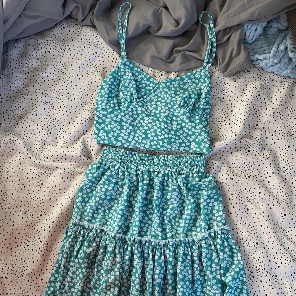 green skirt and crop top matching set